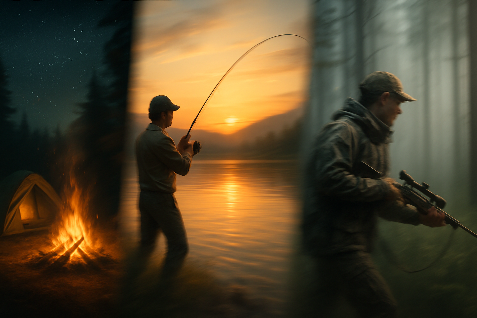 Make me a smooth moving slideshow with a campsite a fishing photo and hunting photo